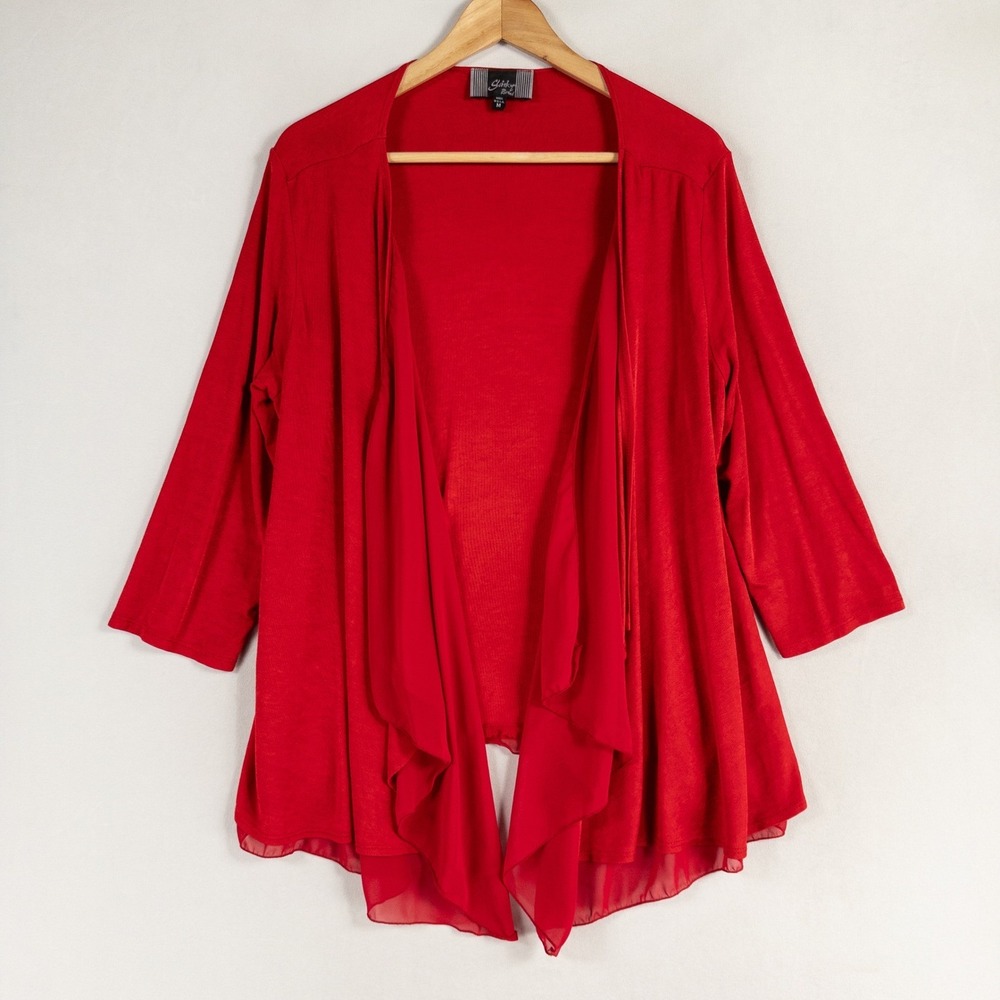 Slinky Brand Cardigan Womens Sz Medium Red Draped Open Front 3/4 Sleeve Stretch